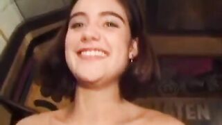 A messy girl with small tits and a hairy pussy feedee brunette