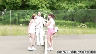 A hot girl has sex with her friend and rich uncle on the tennis court