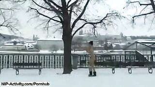 A student is showing her boobs and ass on the city streets