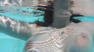 Fella masturbates dildo in the pool, almost like an underwater scene