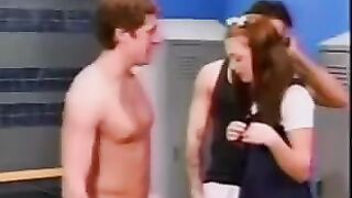 A cute schoolgirl got fucked by two guys in locker room