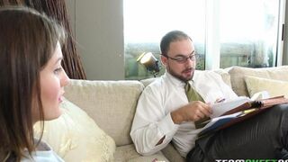 The stepdaughter shows her dad her pussy in a seductive way
