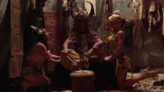 Red-skinned babes fucked as heroes of a fairytale in an intense threesome