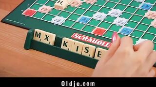 A sexy blonde seduced a shy old peasant and fucked with him on the table