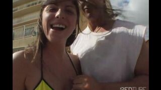 A hot girl is having fun after a walk on her bike