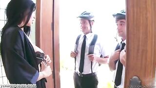 A beauty was fucked by two Jehovah’s witnesses in a steamy threesome