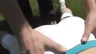 Hot cum shot on huge boobs of busty brunette
