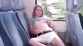 Irons the girl’s pussy through panties on the bus