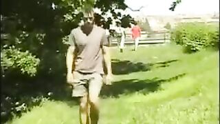 A man plays with his big dick in the hayloft