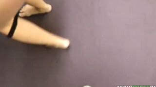 A young cute blonde girl with big tits makes a stunning blowjob