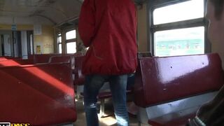 A girl was picked up on the train and fucked at home by many guys