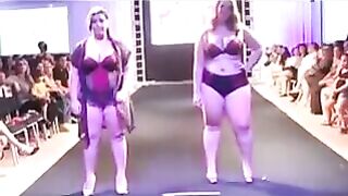 Fatty girls in swimsuits are running on the boardwalk and playing with their pussies in front of cameras