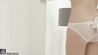 Blonde beauty masturbates her hairy pussy with skill and precision
