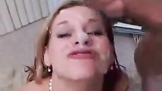 Guy cums on girl’s face with his sperm after deepthroat blowjob