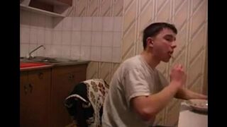 The mother has cancer, so she was fucked by her son in the kitchen