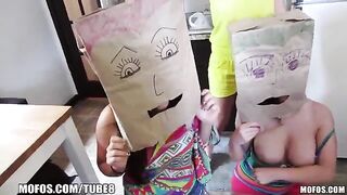 Girls wear shopping bags on their heads and have sex with guys