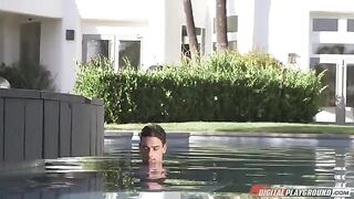 The hot brunette has sex with her lover in the swimming pool