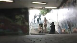 Public sex after undressing in the woods, ending with a creamy finish