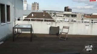 A hot brunette with big tits bounces on a big cock in POV on the roof