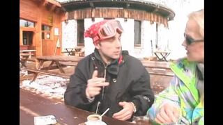 In the yard is winter, and she is getting a mouthful