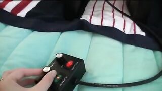 Three girls have an incredible sex with a vibrator and fake tits