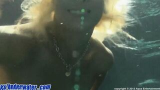 Blonde girl gave a blowjob under the water in the pool bikini