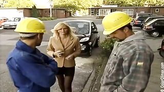 A sexy girl in black pantyhose gets fucked on a porn set with intense action