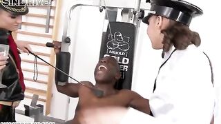 Two girls have an awesome threesome sex with a negro guy wearing latex