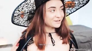 Lesbian beauties fucked in a role-playing Halloween setting