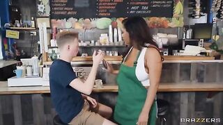 Big tits barista makes coffee and moves boobs slowly