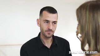 The dance teacher got excited and began to caress her student