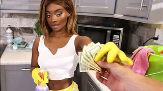 A black-skinned maid got a cumshot on her face for money, captured in POV style