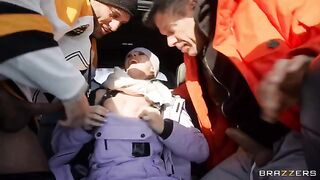 Two guys fucked a girl in the car, making her a snow angel