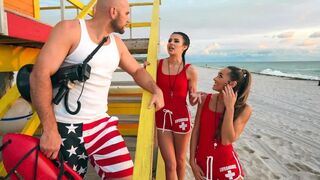 Two horny lifeguards share a cock in an FFM threesome