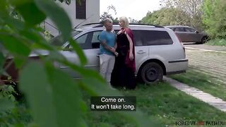 A hot unexpected blonde mature woman is getting fucked in the car