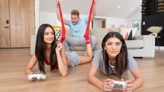 A hot girl has sex with her boyfriend in the gamer room