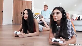 A hot girl has sex with her boyfriend in the gamer room