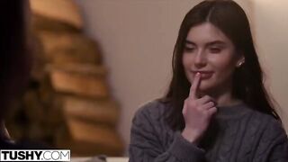 Two cute girls, Talia and Stefany, enjoy anal sex with a friend in an intense threesome