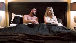 A night of passion with a beautiful blonde on the bed, full of tenderness