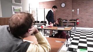 The student could not concentrate, so he fucked two girls on the table