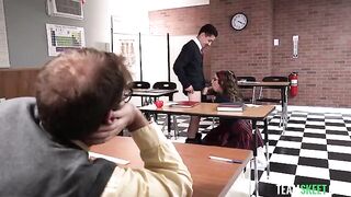The student could not concentrate, so he fucked two girls on the table