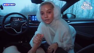 A slutty college girl gets fucked by a stranger in his car