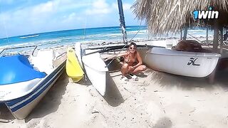 A couple has a passionate sex on the sandy beach, it's Risky