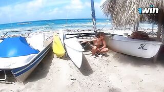 A couple has a passionate sex on the sandy beach, it's Risky