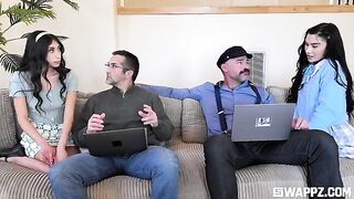 Sexy beauties gave the dad a stunning group gift on the couch