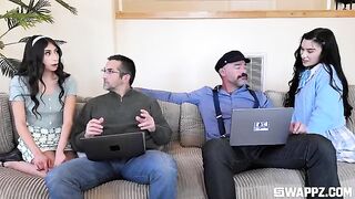 Sexy beauties gave the dad a stunning group gift on the couch