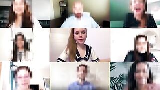 A girl is bored of a meeting and starts playing with her boobs