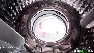 A blonde is helped with vibration from the washing machine
