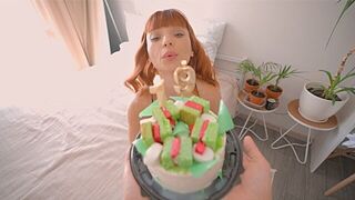 A man brought a birthday cake for his step-sister, she was thrilled