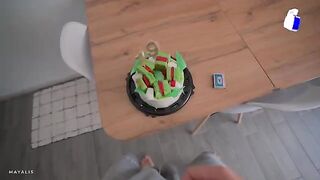 A man brought a birthday cake for his step-sister, she was thrilled